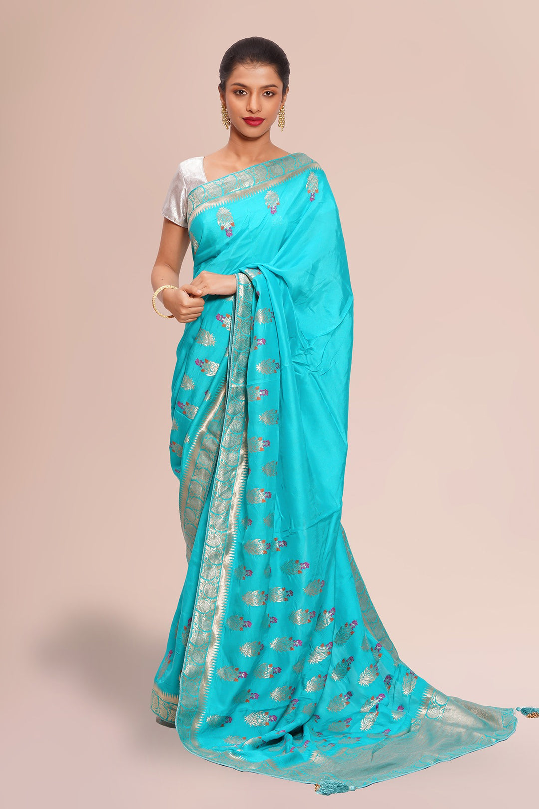 Handloom-Saree-Sea-Blue-Banaras-Fancy-Crepe