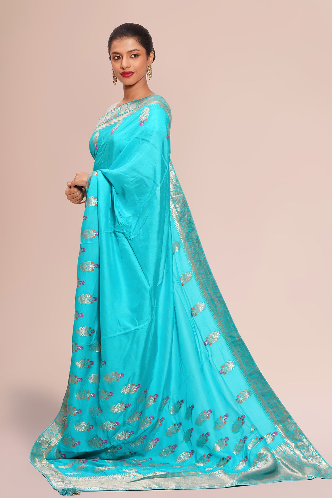 Handloom-Saree-Sea-Blue-Banaras-Fancy-Crepe