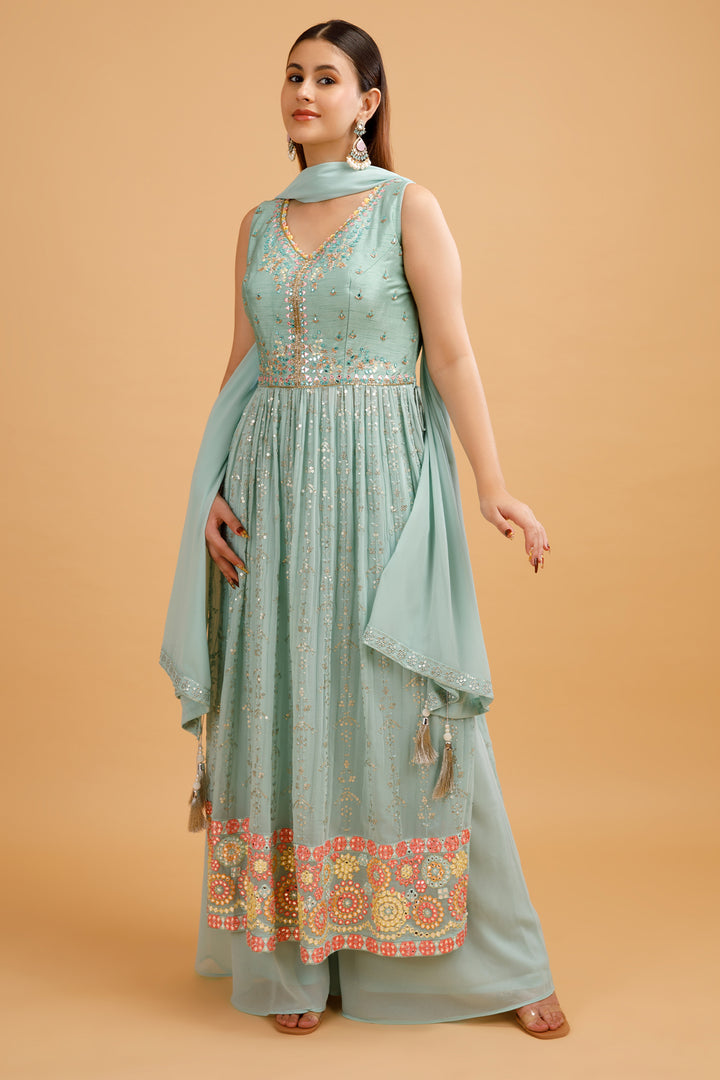 PALAZZO SET-LIGHT GREEN-GEORGETTE-KSY560016