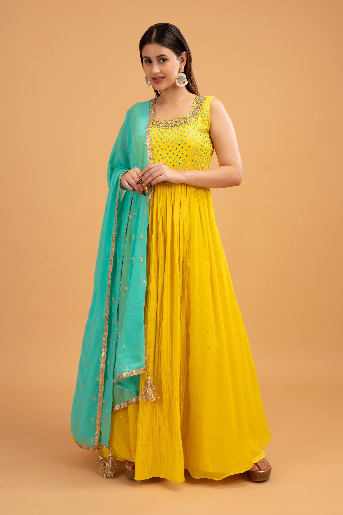 Art Silk Fabric Yellow Color Festive Wear Digital Print Readymade Long  Anarkali Style Gown
