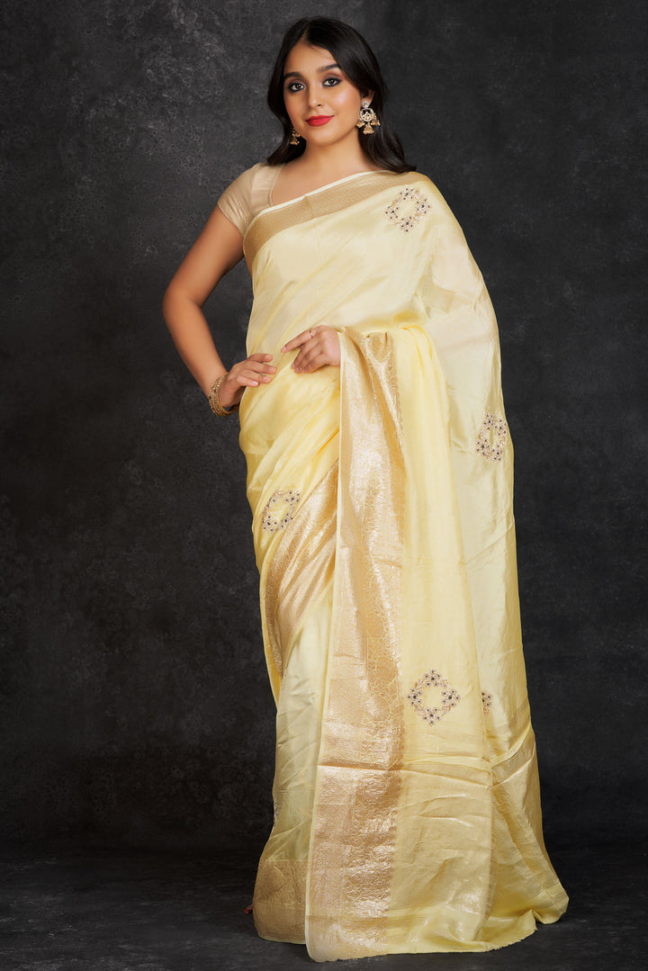 HANDLOOM-SAREE-LIME YELLOW-MOONGA BANARAS-KSY387472